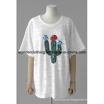 Lazer Custom Cutton Beading Moda Verão Rodada Neck Girl T-Shirt